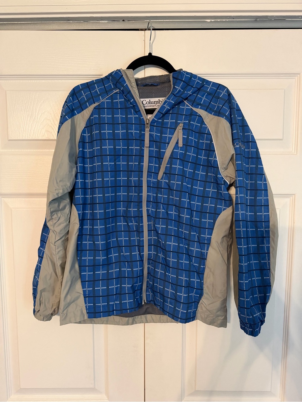 Columbia Blue Plaid Hooded Windbreaker with Gray Accents